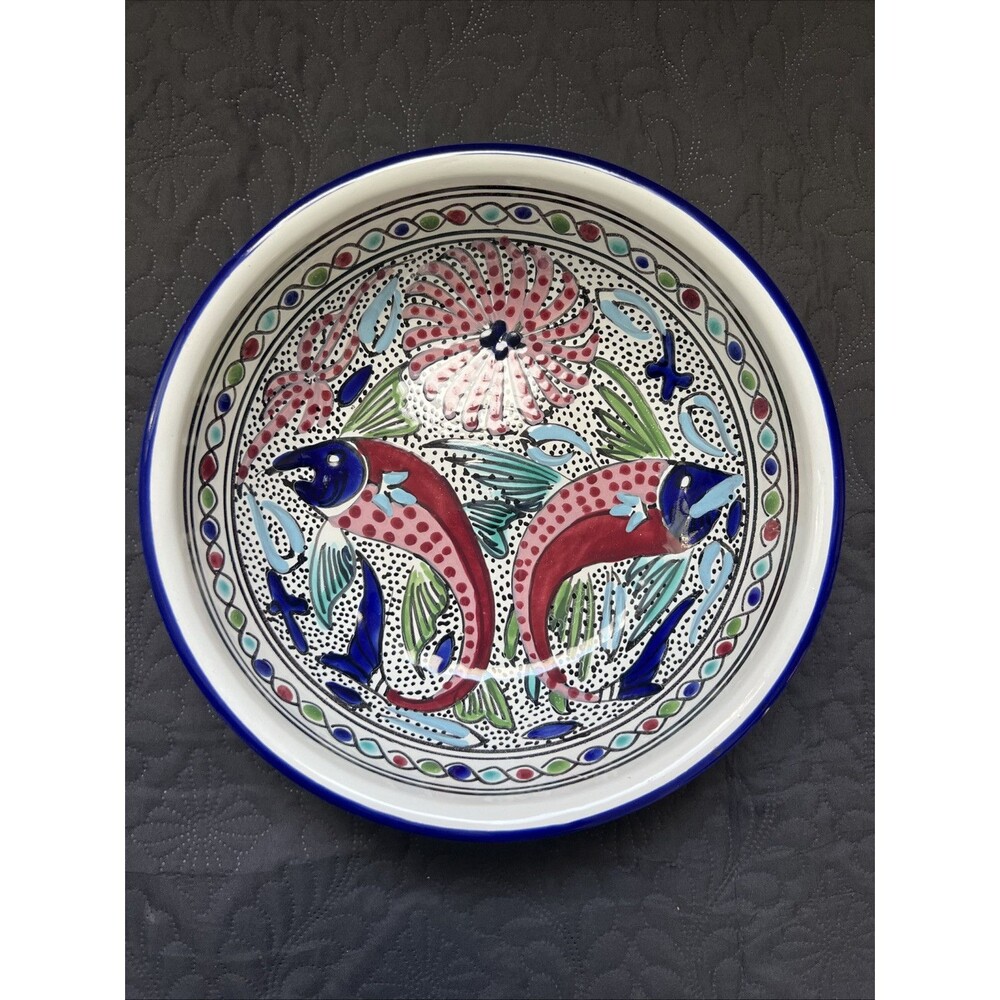 VTGMexican/Tunisian Style Hand Painted Decorative Ceramic Pasta Bowl Fish Design
